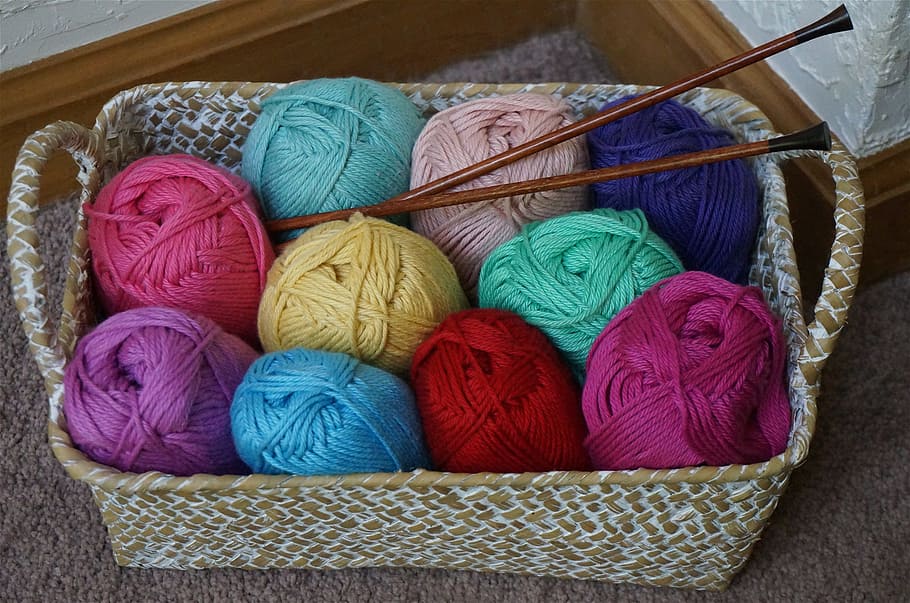 assorted-color yarn rolls, basket, hooks, color, Yarn, wicker basket, cotton baby yarn, knitting, knitting needles, bright colors