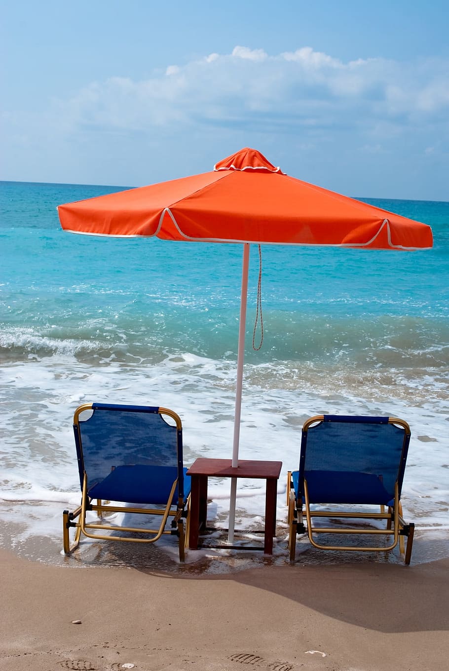 Praia, guarda-chuva, cadeira, cadeiras, mar, oceano, areia, horizonte sobre a água, relaxamento, agua