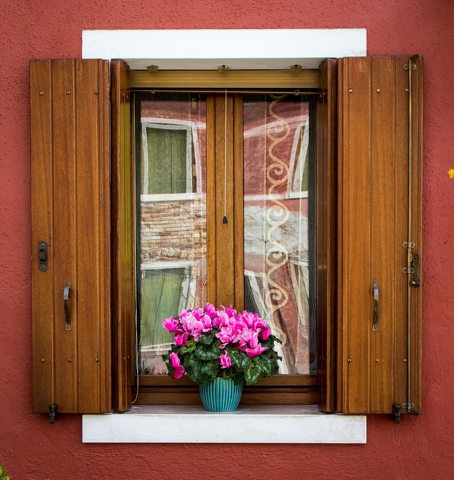 coklat, kayu, pintu jendela, Burano, Italia, Venesia, Bangunan, warna-warni, arsitektur, berwarna