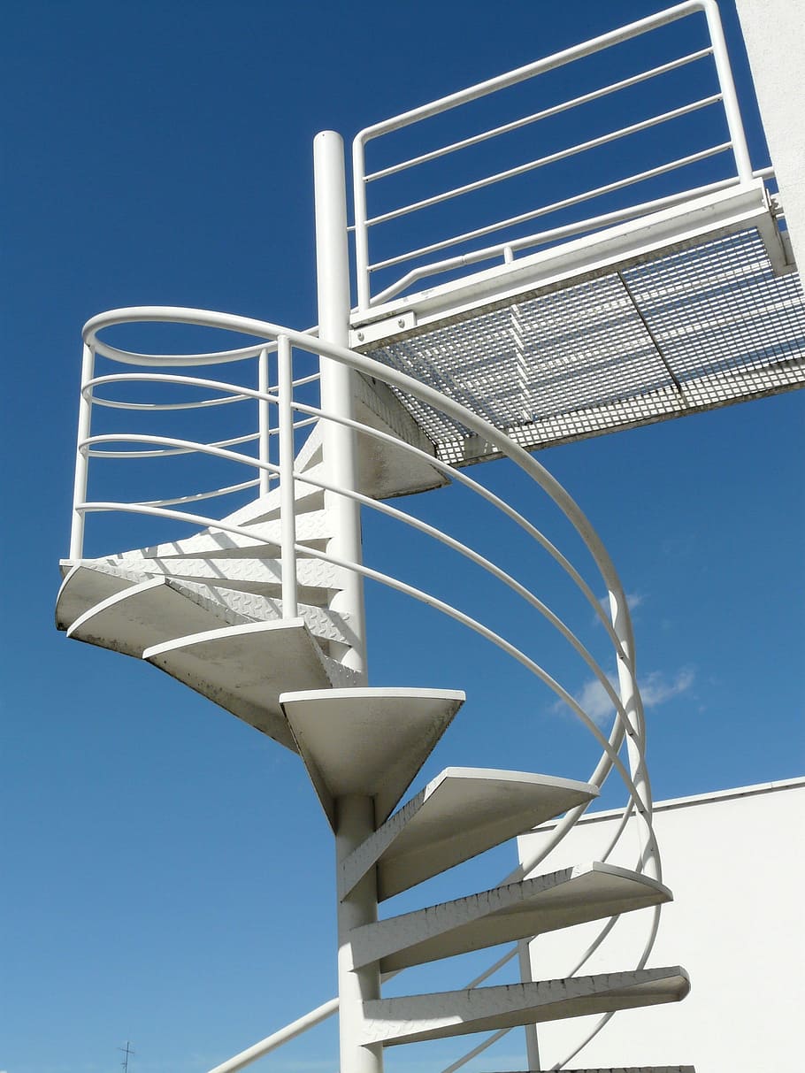 Stairs, Rise, Railing, Sky, gradually, white, blue, architecture, sunny, clear sky