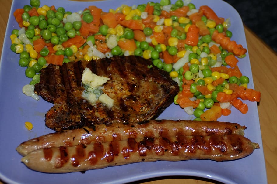 vegetables, meat, sausage, cook, food, eat, delicious, tasty, corn, carrots