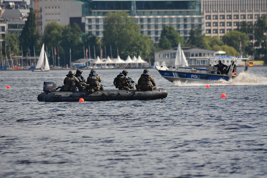 Tecnologia, Humano, G20, pessoal, Hamburgo, polícia, água, nadadores de combate, embarcação náutica, militar
