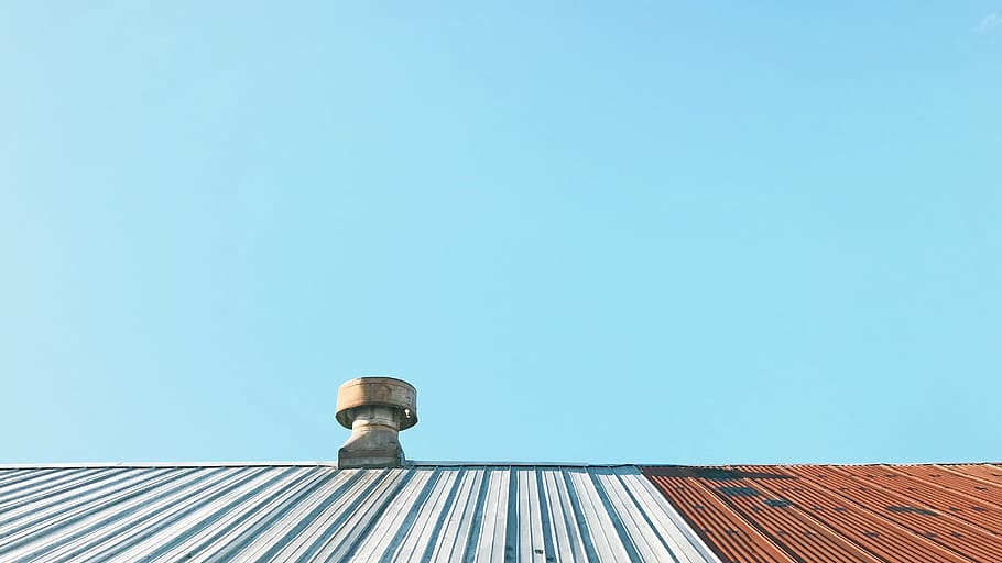 low-angle photo, gray, brown, metal roof, daytime, roof, skyscraper, steel, exhaust, fan