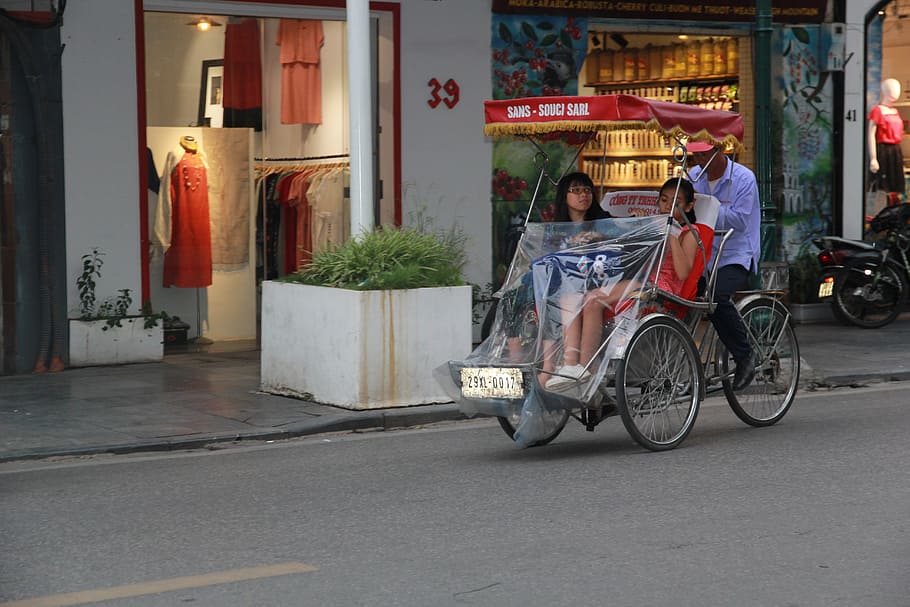 woman, riding, silver bicycle, Cyclo, Street, Natural, Travel, the street, vietnam, scenery