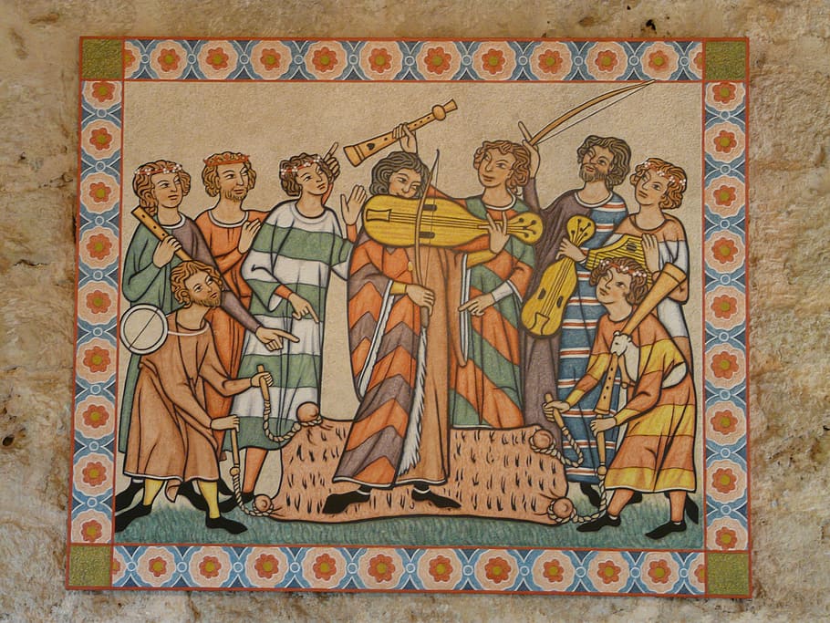 group, people, playing, musical, instrument illustration, fresco, mural, middle ages, minne, minstrel