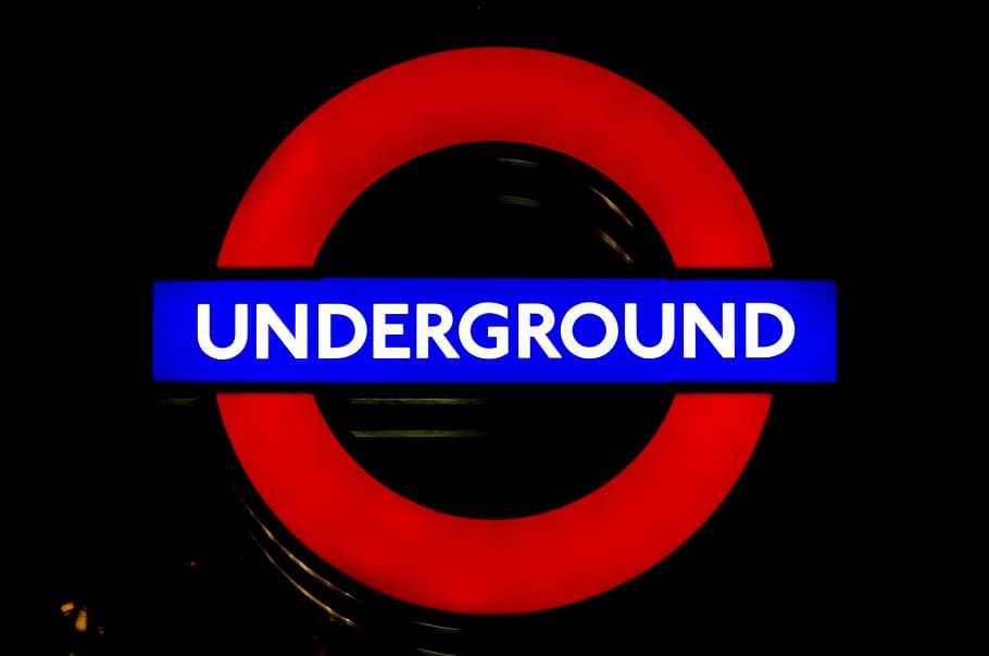 red, blue, underground, signage, london, city, lights, subway, transportation, britain