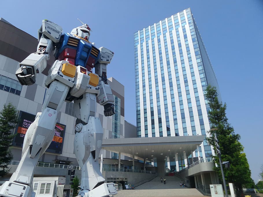 gundam statue, buildings, robot, transformer, gundam, tokyo, big statue, architecture, built structure, building exterior