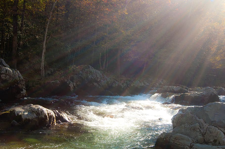 river, smoky mountains, light beam, smoky, nature, water, stream, mountains, tennessee, waterfall