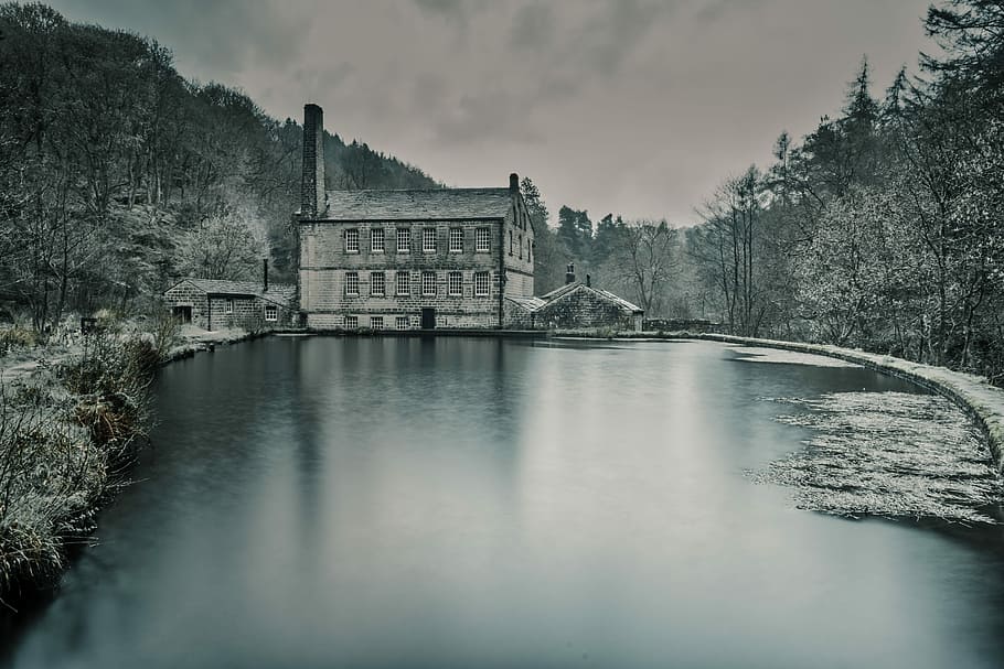 body, water, ruins, grayscale, gibsons mill, hardcastle crags, yorkshire, mill pond, rain, gloom