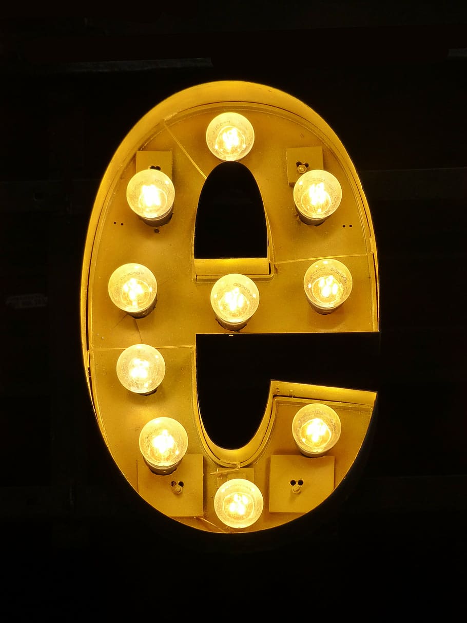 turned-on, brown, e marquee light, letter, light bulbs, theatre, letter e, gold colored, yellow, technology