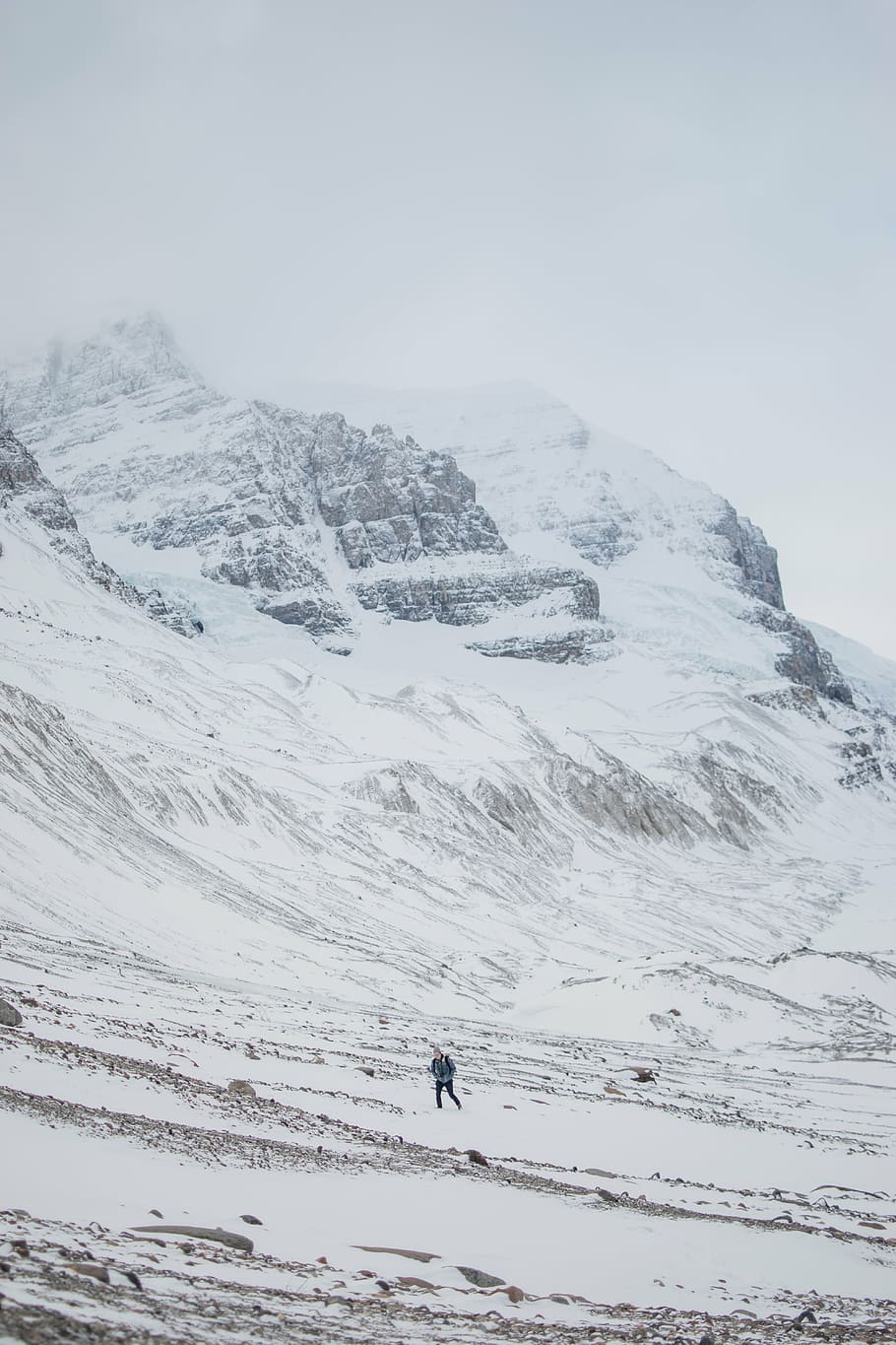 person, walking, glacier valley, mountain, daytime, people, man, guy, alone, hiking