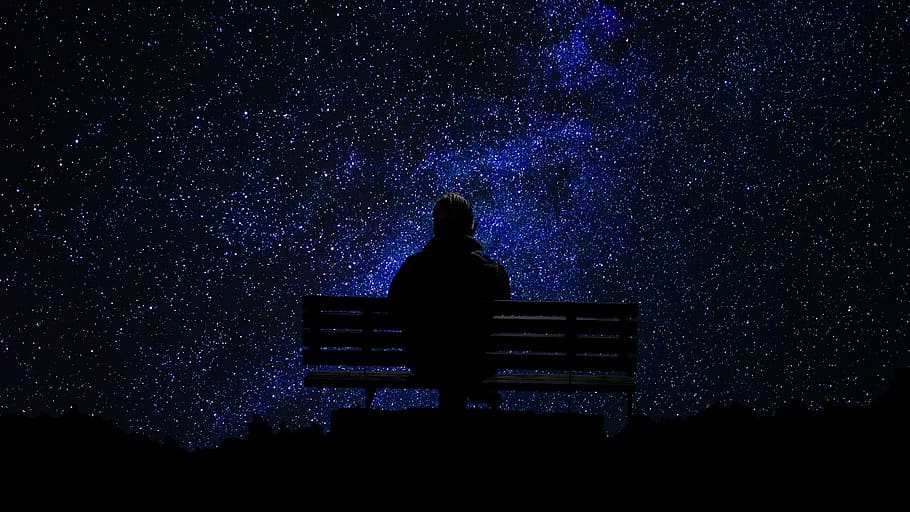 silhouette photo, person, sitting, bench, looking, sky, stars, people, darkness, easy