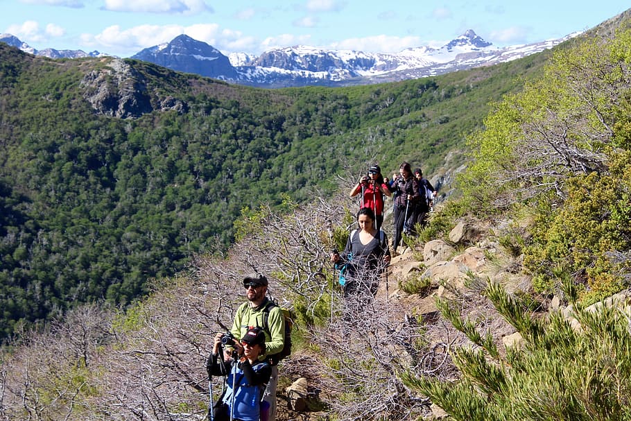 산, 트레킹, 안데스 산맥, 바위, 눈, 칠레, 자연, 파타고니아, 사람들의 그룹, 레저 활동
