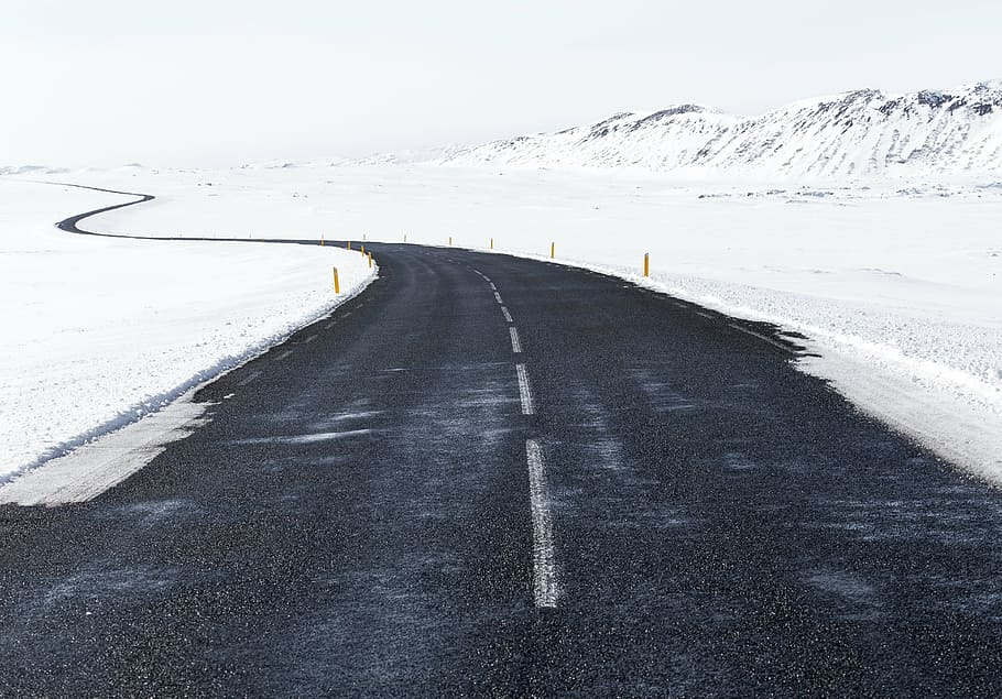 winding, road, snow field, roadway, snow, winter, cold, white, landscape, distance