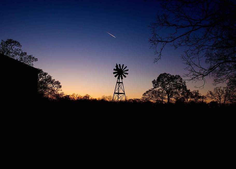 windmill, night sky, landscape, farm, silhouette, rural, nature, tree, plant, sky