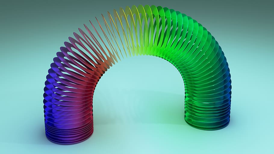 slinky, spring, rainbow, colorful, metallic, reflect, stretch, stretching, curve, flexible