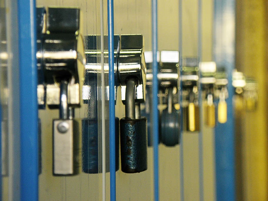 locks, hasp, lockers, school, mansion, lock, metal, close-up, indoors, safety