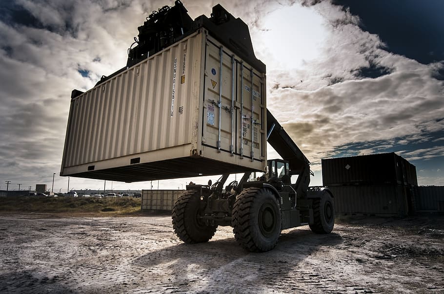 cargo container, lifted, vehicle, loading, cargo, container, transport, industrial, import, commerce