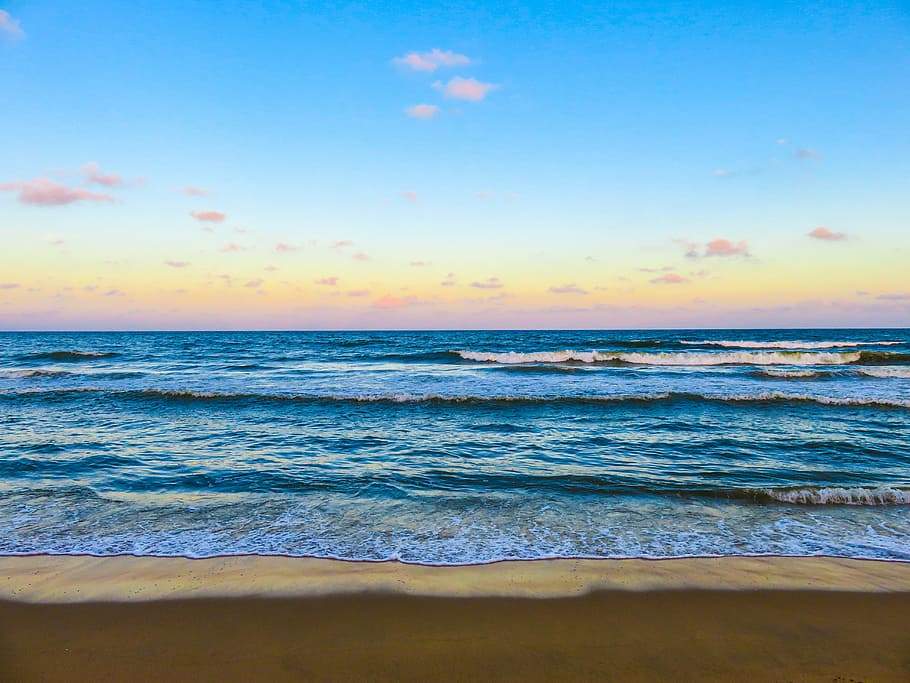 sea water, blue, sky, body, water, front, brown, sandbank, daytime, beach