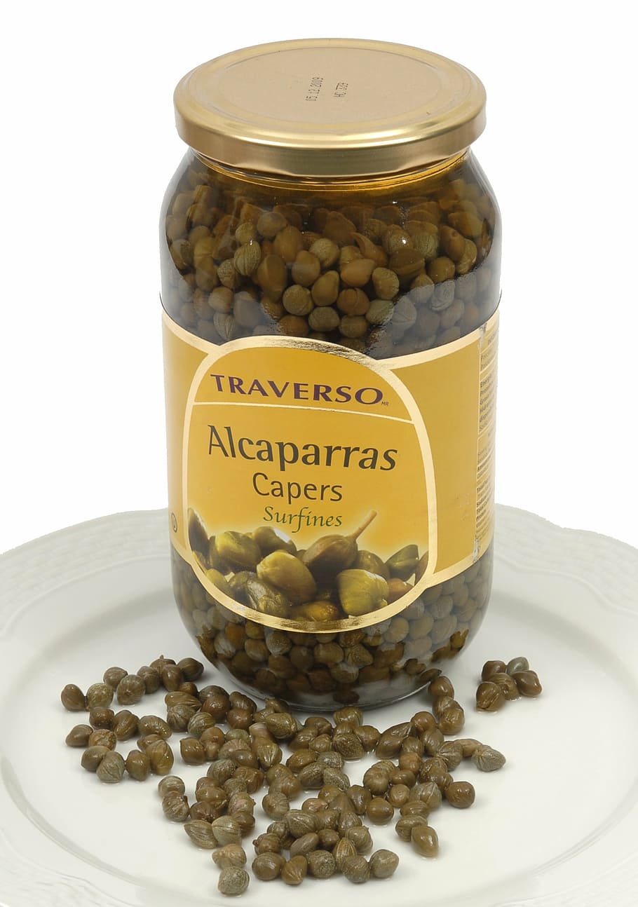 capers, vegetable, dressing, green, in vinegar, food, food and drink, text, container, indoors