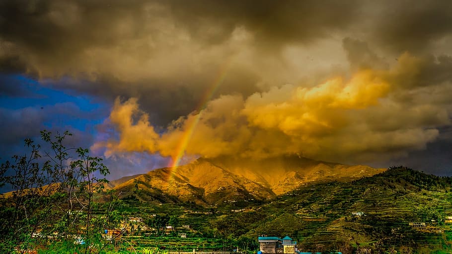 mountain, cloudy, sky, brown, green, clouds, rainbow, landscape, dark, houses