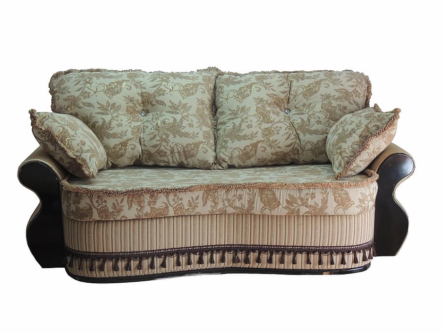 グレー, ブラウン, フローラル, 布張りの椅子, 布張りの家具, 家具, ソファ, 美しい, 枕, 白い背景