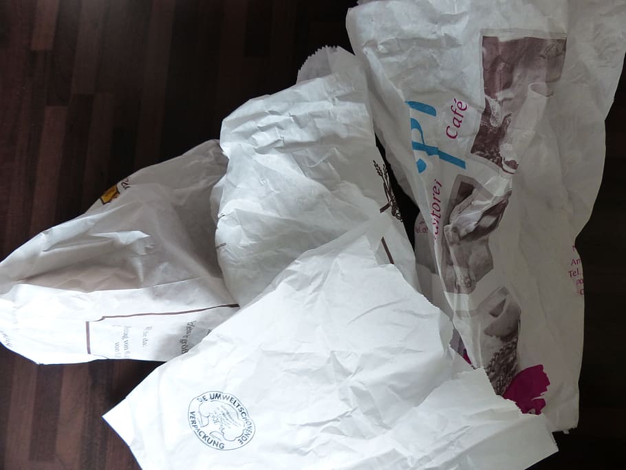 Padaria, Sacos, Papel, Branco, sacos de padaria, sacos de papel, lixo, desperdício, amassado, papel amassado