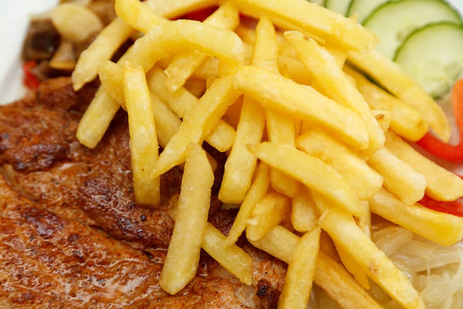 steak, Fries, food, junk food, meat, potatoes, public domain, french Fries, prepared Potato, unhealthy Eating