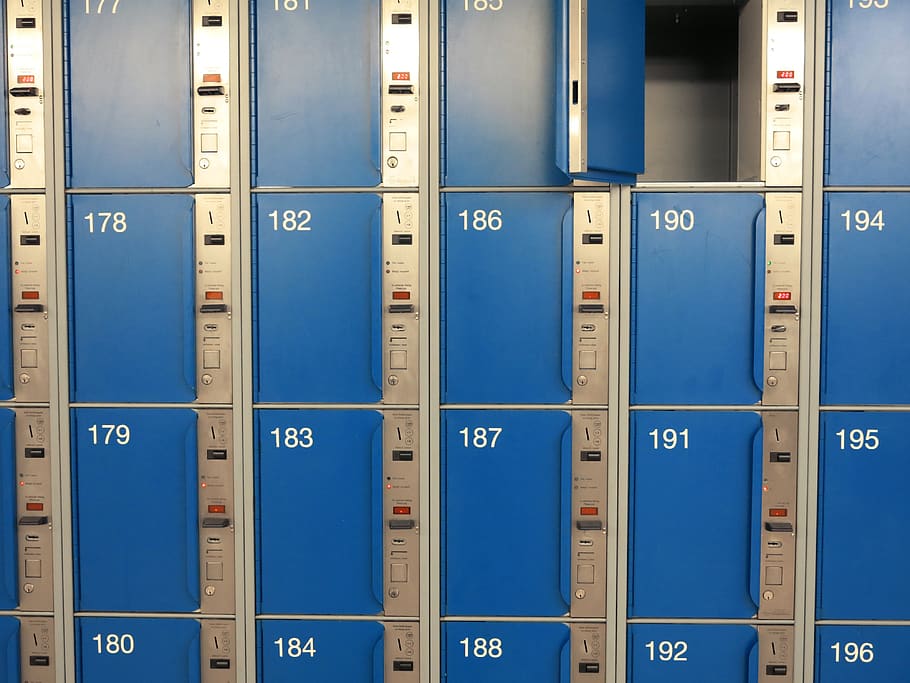 safe deposit box, spints, blue, doors, closed, numbers, safe, locker, indoors, in a row