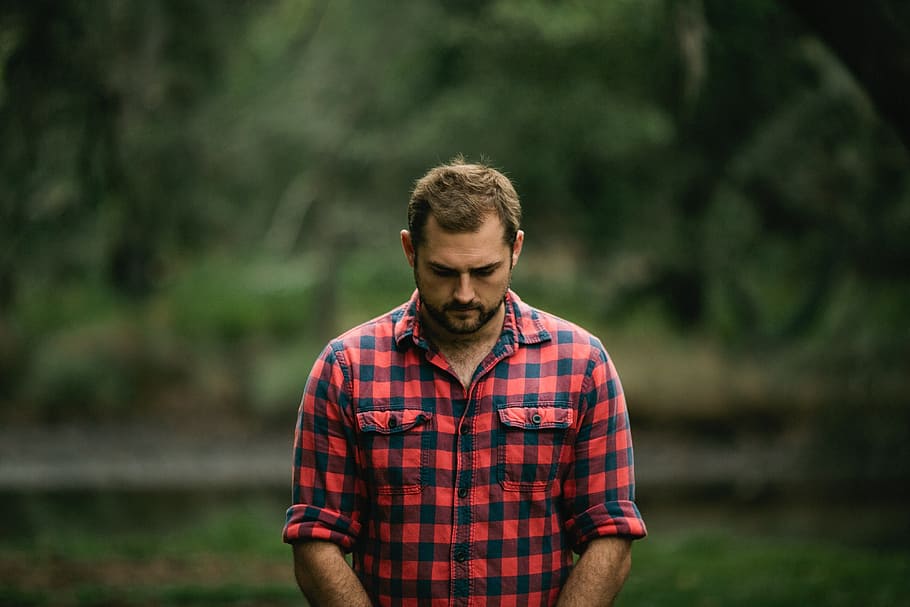 man, red, black, gingham button-up, long-sleeved, shirt, people, checkered, flannel, sad