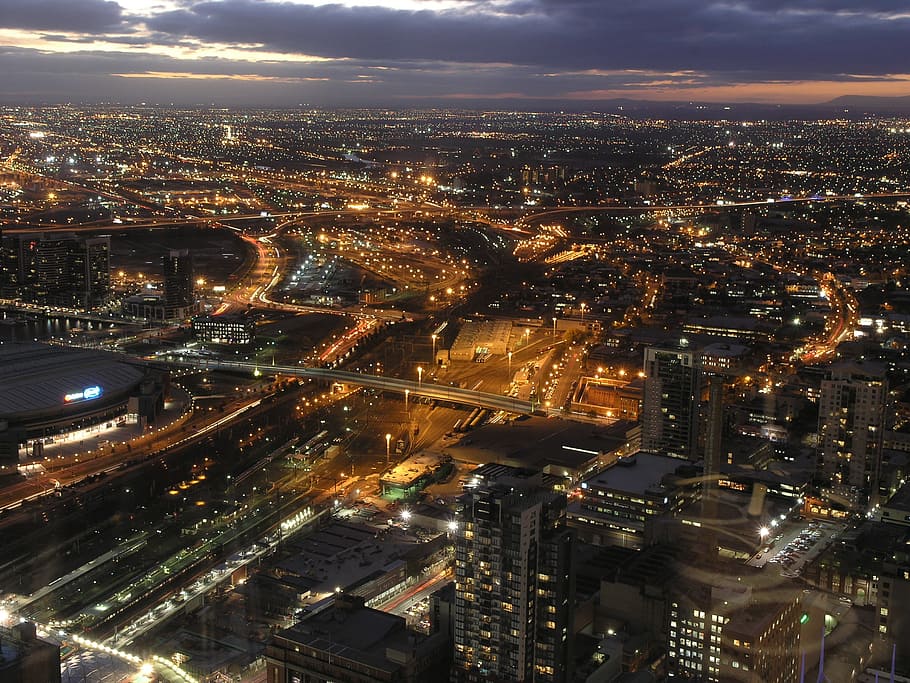 aerial, photography, cityscape, night, cloud formation, melbourne, view, lights, city lights, australian