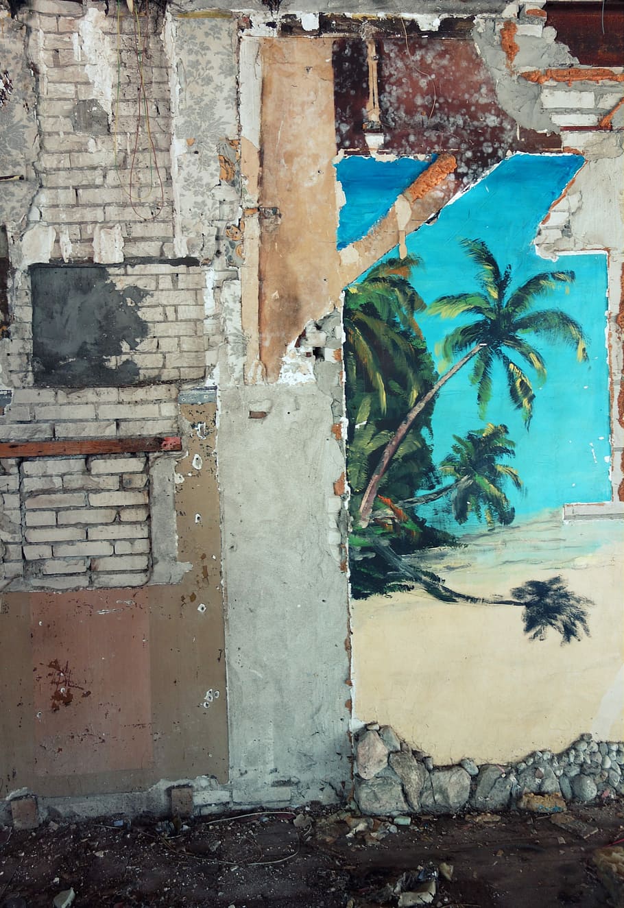 Decadencia, Ruina, Transcurrido, Destrucción, licencia, pintura mural, palmeras, ironía, feriado, pared