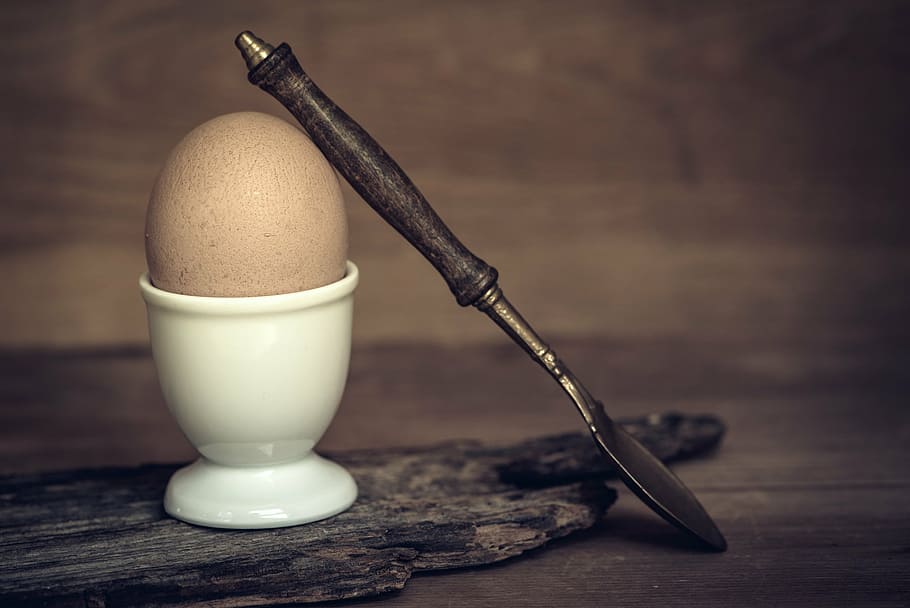 gray, steel spoon, white, ceramic, bowl, egg, breakfast egg, hen's egg, brown egg, boiled egg