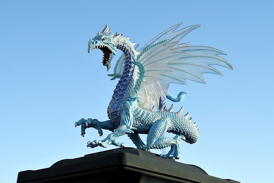 blue, dragon statue, sky, Dragon, Reptile, Mythology, Monster, creature, flying, wings