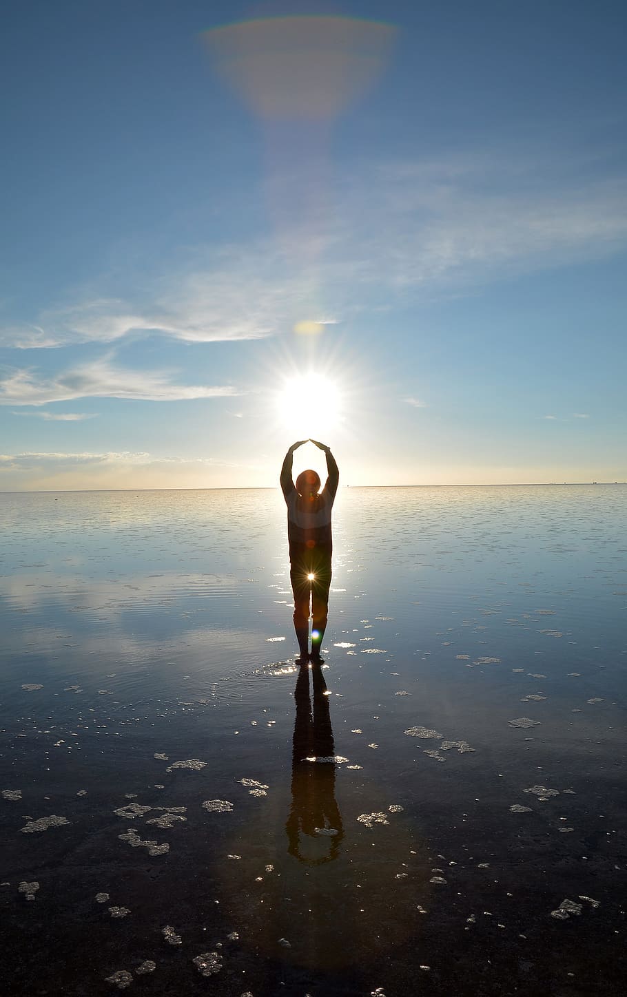 Bolivia, Salar De Uyuni, Danau Salt, Danau, Manusia, sinar matahari, siluet, bayangan, refleksi, satu orang