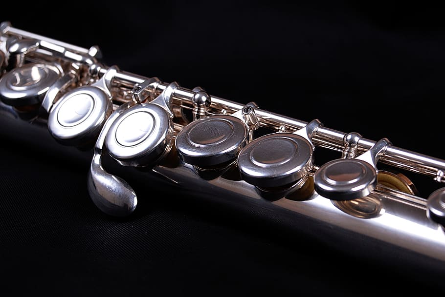 black, shiny, flute, keys, music, instrument, notes, play, close up, metal