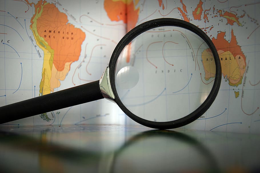 magnifying glass, map, geography, discover, expand, indoors, close-up, world map, glasses, scrutiny