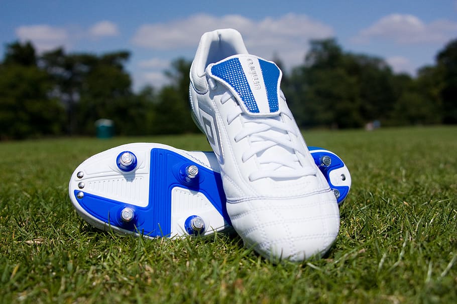 closeup, blue-and-white umbro soccer cleats, green, daytime, Football, Boots, Shoes, Sport, Field, football, boots