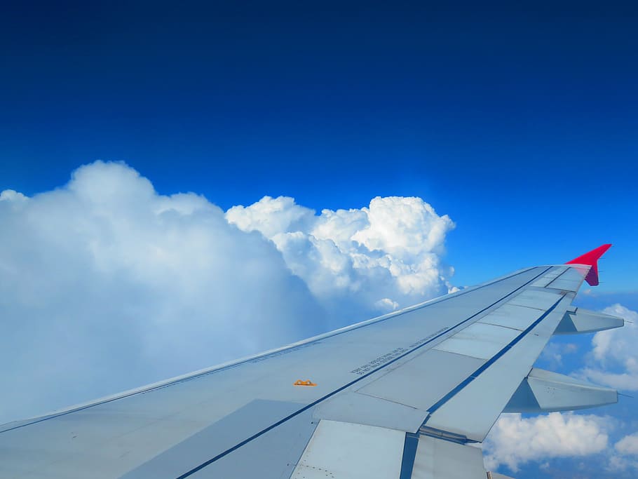 sky, plane, clouds, blue, blue sky, wing, cloud - sky, airplane, air vehicle, flying