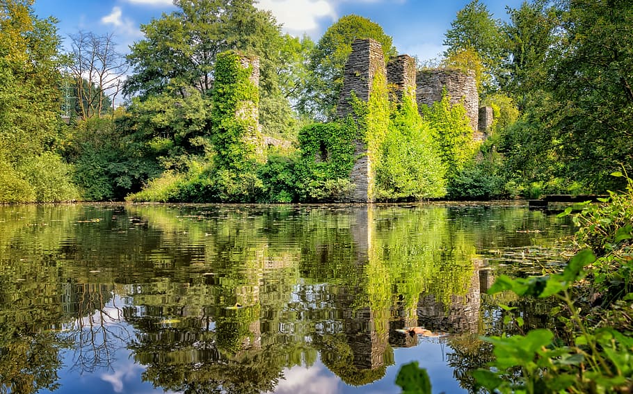 green, trees, reflecting, body, water, blue, sky, daytime, castle, ruin