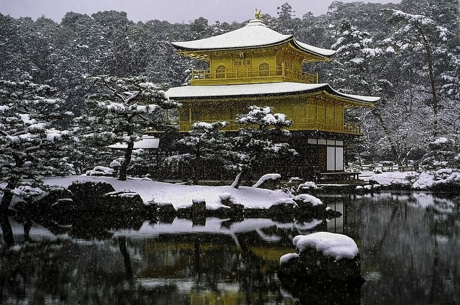 winter, snow, kyoto, japan, Kinkaku-ji, ji in, Kyoto, Japan, architecture, far eastern, pavilion