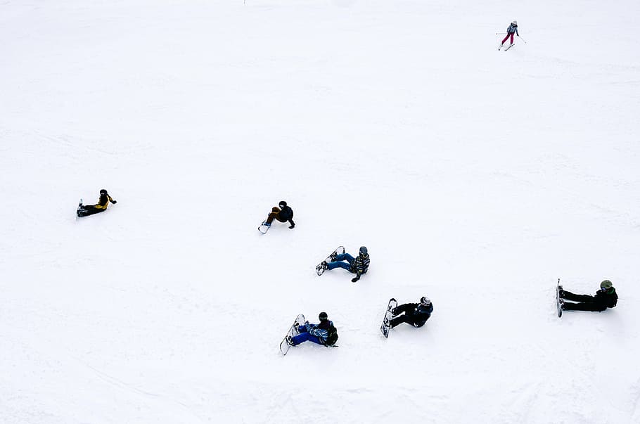 pessoas, snowboard, dia, pranchas de snowboard, sentado, neve, inverno, branco, frio, clima