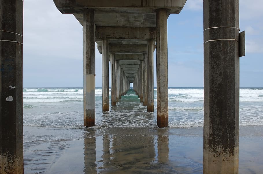 San Diego, La Jolla, Praia, Pier, coluna arquitetônica, mar, arquitetura, água, por baixo, agua