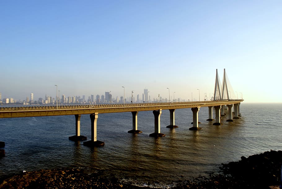 white, gray, bridge, rajiv gandhi sea link, suspension bridge, bandra-worli sea link, architecture, mumbai, india, ocean