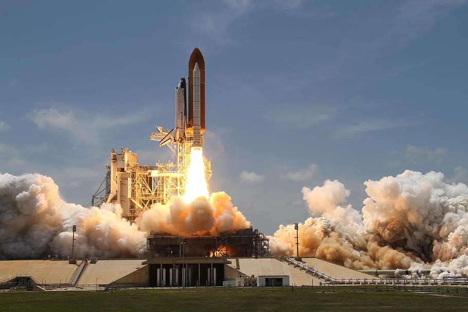 lanzamiento, transbordador espacial, lanzamiento de cohete, humo, cohete, despegue, vista lateral, nasa, viaje espacial, unidad