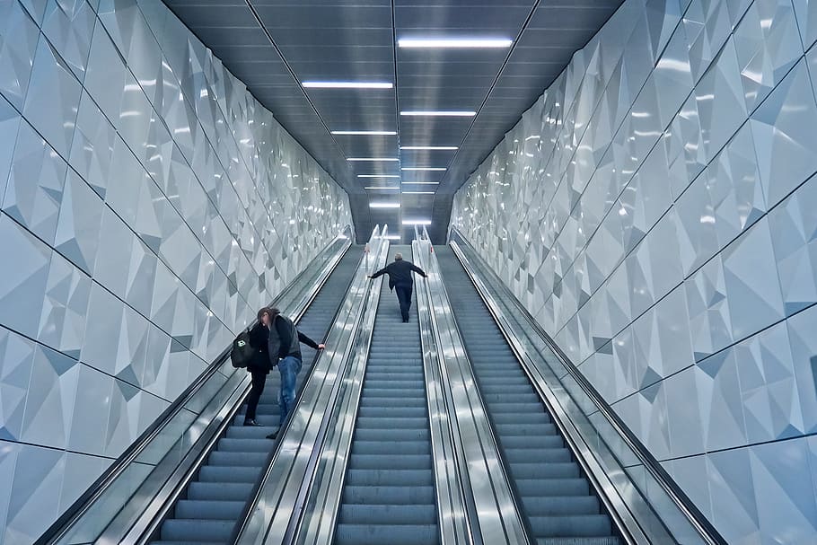 eskalator, bawah tanah, pegangan tangan, metro, gerakan, platform rol, tangga, perkotaan, turun, secara bertahap