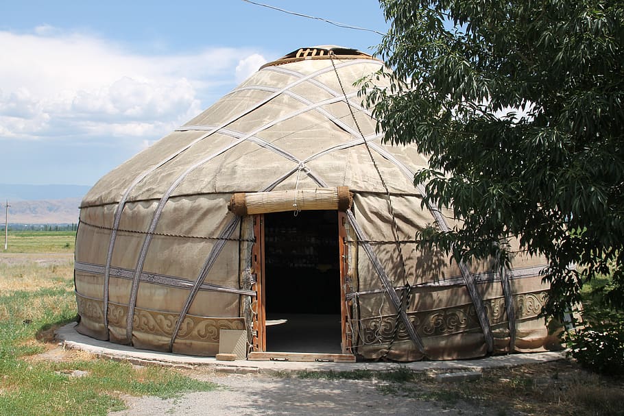 quirguistão, yurt, os nômades, tenda, yurts, estrutura construída, arquitetura, exterior do edifício, planta, céu