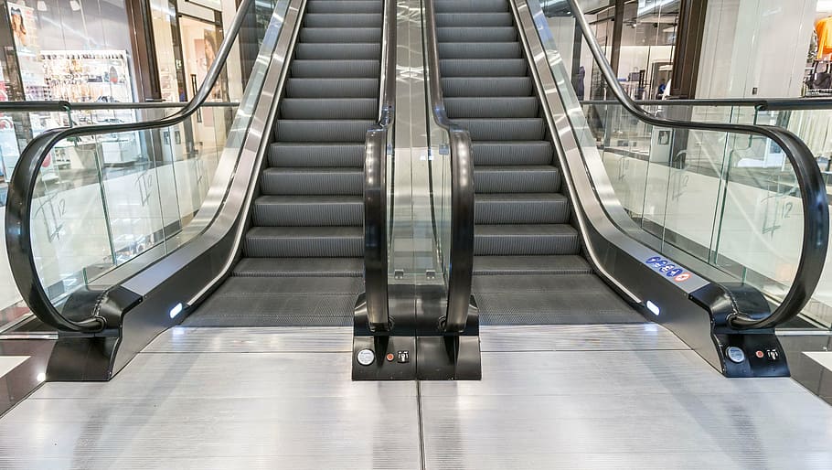 two escalators, stairs, escalator, shopping centre, floor, gradually, department store, buy, building, city