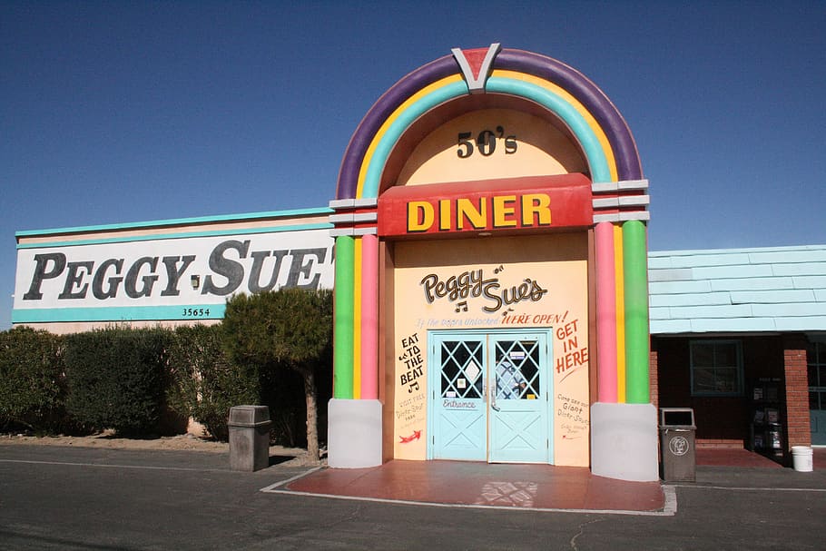 usa, california, mojave, barstow, peggy sue diner, text, western script, communication, sky, clear sky