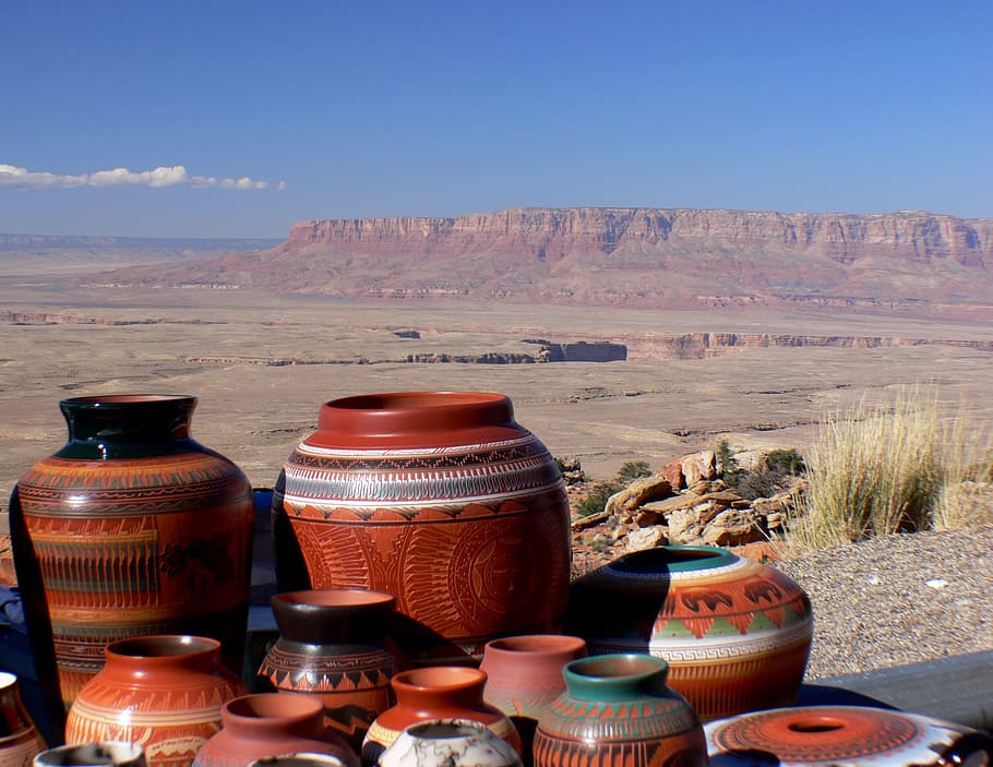 Navajo, Pottery, assorted, vases, mountains, day, nature, sky, desert, landscape